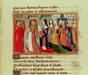 Presentación del Delfín (1403-61) el futuro Carlos VII de Francia, a la Ciudad de París, de las Vigilias de Carlos VII, c.1484